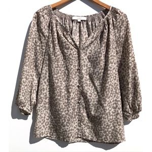 LOFT blouse Small S animal print Leopard Print V Neck 3/4 sleeves tan brown